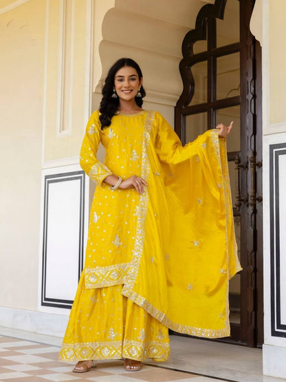 Rajwada Yellow Chiffon Embellished Stitched Kurta Set For Women