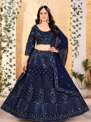 Rajwada Navy Blue Georgette Embroidered Semi-Stitched lehenga For Women