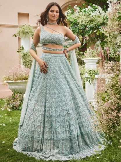 Rajwada Light Blue Net Embellished Semi Stitched Lehenga For Women