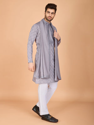 Rajwada Grey Viscose Silk Embellished Stitched Kurta For Men