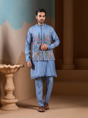 Rajwada Sky Blue Silk Blend Embroidered Stitched Kurta Set For Men