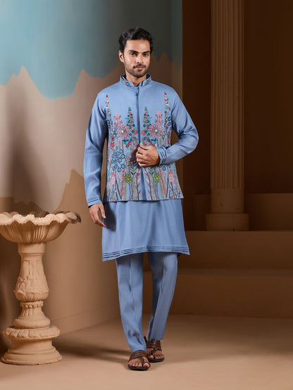 Rajwada Sky Blue Silk Blend Embroidered Stitched Kurta Set For Men