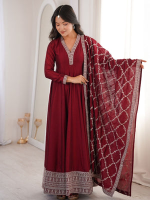 Rajwada Maroon Silk Blend Embroidered Kurta Set For Women