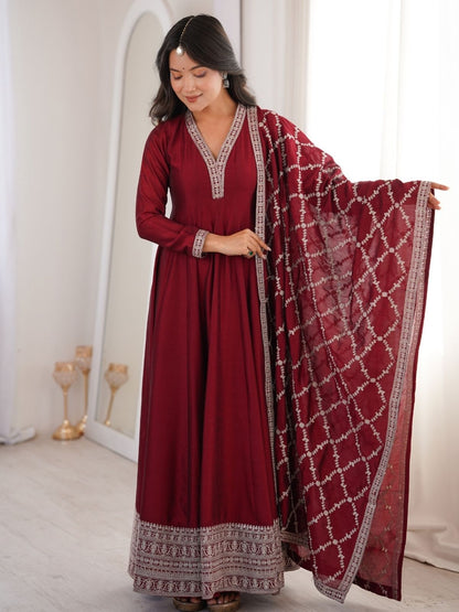 Rajwada Maroon Silk Blend Embroidered Kurta Set For Women