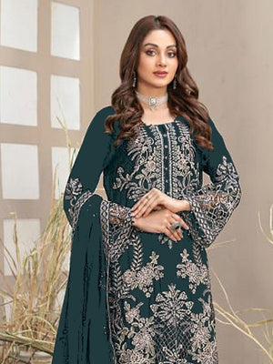 Rajwada Teal Blue Georgette Embroidered Semi-Sitched Kurta Set For Women