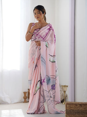 Rajwada Light Pink Chinon Printed Saree With Unstitched Blouse For Women