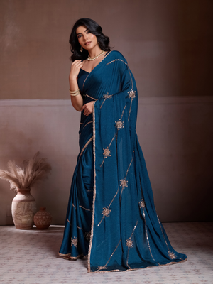 Rajwada Teal Blue Silk Blend Embroidered Saree For Women