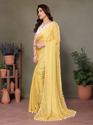 Rajwada Yellow Banglori Lace Work Saree With Unstitched Blouse For Women