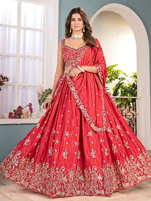 Rajwada Red Chinon Sequence Embroidered Semi-Stitched Lehenga For Women