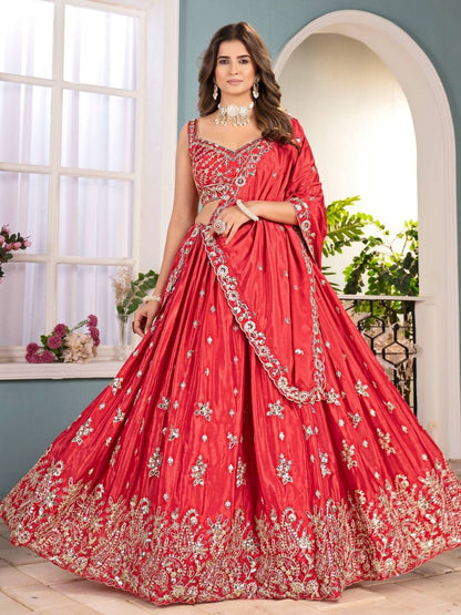 Rajwada Red Chinon Sequence Embroidered Semi-Stitched Lehenga For Women