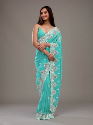 Rajwada Sky Blue Crush Embroidered Saree For Women