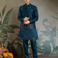 Rajwada Teal Blue Silk Blend Embroidered Stitched Kurta Set For Men