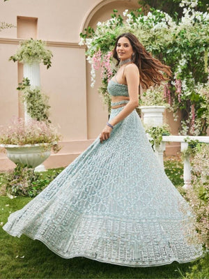 Rajwada Light Blue Net Embellished Semi Stitched Lehenga For Women
