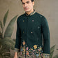 Rajwada Dark Green Cotton Blend Embroidered Stitched Kurta For Men