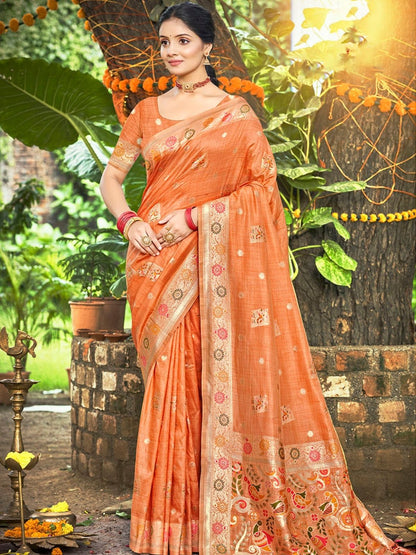 Rajwada Orange Silk Blend Printed Saree For Women