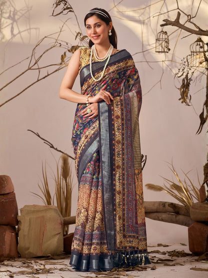Rajwada Yellow Linen Cotton Printed Saree For Women