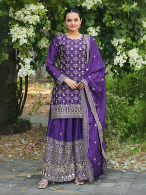 Rajwada Purple Chinon Embroidered Stitched Kurta Set For Women