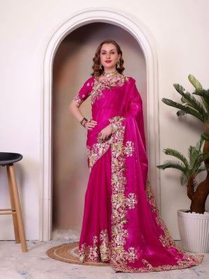 Rajwada Pink Organza Embroidered Solid Saree For Women