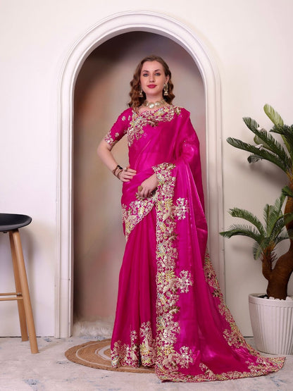 Rajwada Pink Organza Embroidered Solid Saree For Women