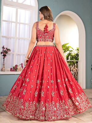 Rajwada Red Chinon Sequence Embroidered Semi-Stitched Lehenga For Women