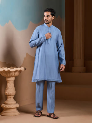 Rajwada Sky Blue Silk Blend Embroidered Stitched Kurta Set For Men