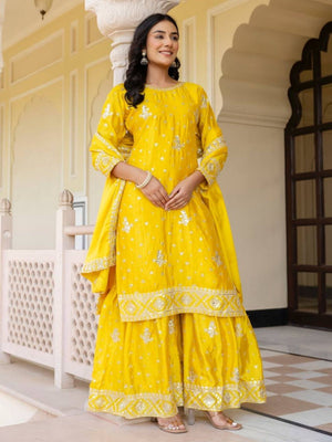 Rajwada Yellow Chiffon Embellished Stitched Kurta Set For Women