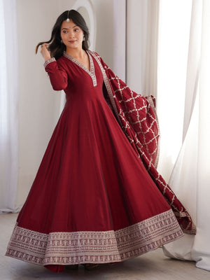 Rajwada Maroon Silk Blend Embroidered Kurta Set For Women
