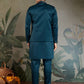 Rajwada Teal Blue Silk Blend Embroidered Stitched Kurta Set For Men
