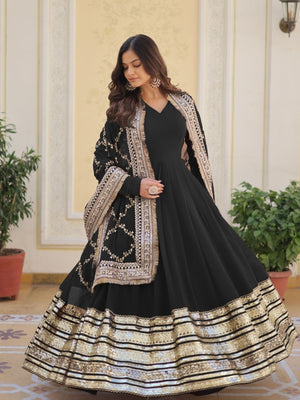 Rajwada Black Georgette Stitched Gown With Dupatta For Women