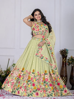 Rajwada Light Green Organza Embroidered Semi-Stitched lehenga For Women