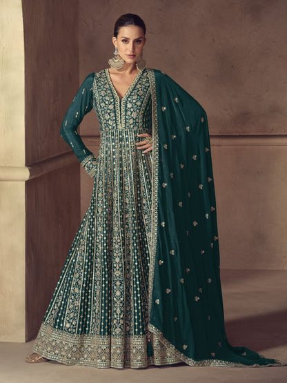 Rajwada Dark Green Chinon Embellished Semi Stitched Kurta Set For Women