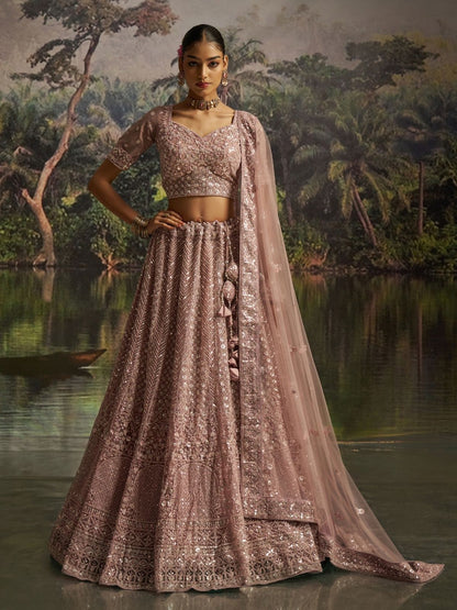 Rajwada Mauve Net Embellished Semi-Stitched Lehenga For Women