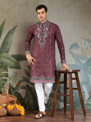 Rajwada Mauve Viscose Silk Embroidered Stitched Kurta For Men