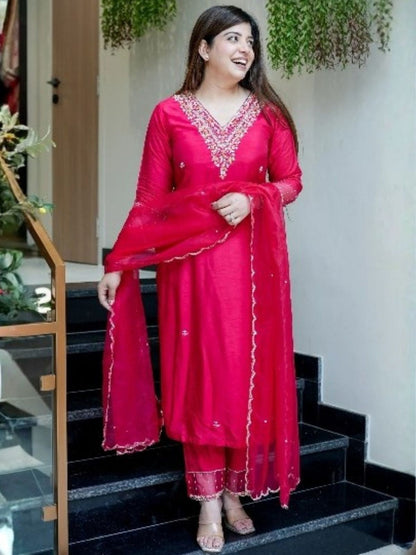 Rajwada Magenta Viscose Chanderi Embriodered Stitched Kurta Set For Women