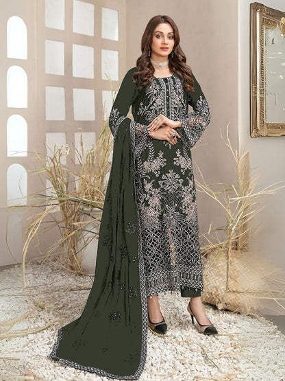 Rajwada Dark Olive Georgette Embroidered Semi-Sitched Kurta Set For Women