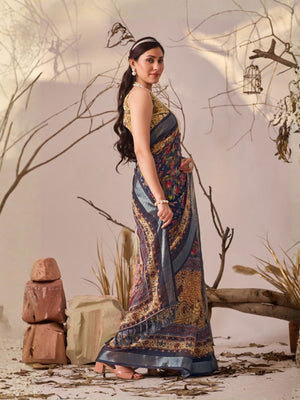 Rajwada Yellow Linen Cotton Printed Saree For Women