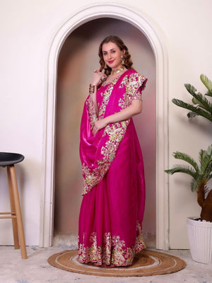 Rajwada Pink Organza Embroidered Solid Saree For Women