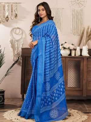 Rajwada Blue Cotton Linen Zari Work Saree For Women