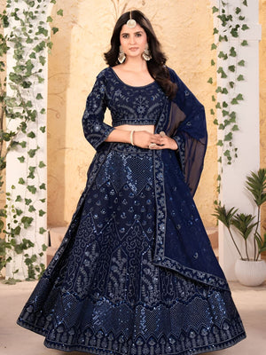 Rajwada Navy Blue Georgette Embroidered Semi-Stitched lehenga For Women