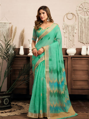 Rajwada Light Green Cotton Linen Zari Work Saree For Women