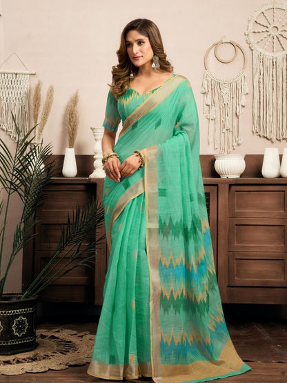 Rajwada Light Green Cotton Linen Zari Work Saree For Women