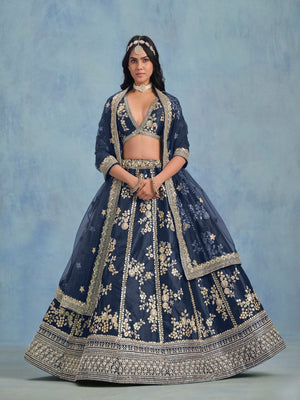 Rajwada Navy Blue Art Silk Embroidered Semi-Stitched lehenga For Women