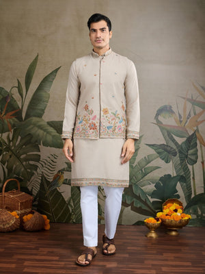 Rajwada Ivory Cotton Blend Embroidered Stitched Kurta For Men