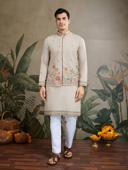 Rajwada Ivory Cotton Blend Embroidered Stitched Kurta For Men