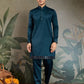 Rajwada Teal Blue Silk Blend Embroidered Stitched Kurta Set For Men