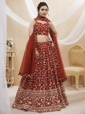 Rajwada Red Georgette Embroidered Semi-Stitched Lehenga For Women