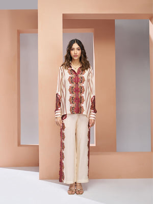 Rajwada Cream Linen Printed Stitched Co-Ord Set For Women