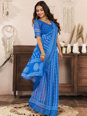 Rajwada Blue Cotton Linen Zari Work Saree For Women