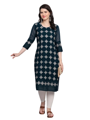 Rajwada Teal Blue Georgette Embroidered Kurti For Women
