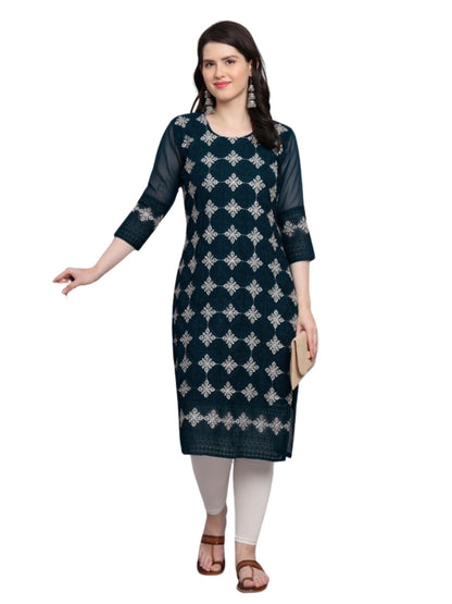 Rajwada Teal Blue Georgette Embroidered Kurti For Women